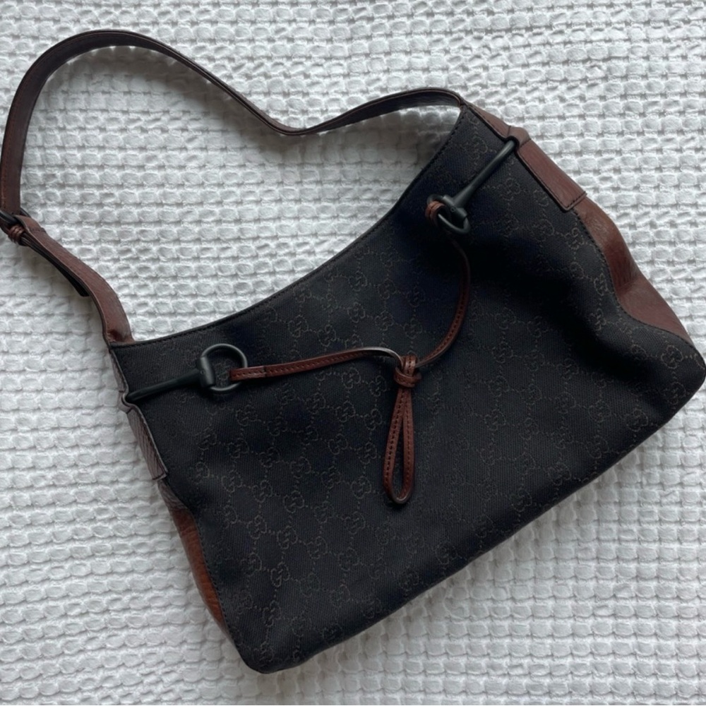 Gucci Monogram Shoulder Bag with Brown Leather Trim